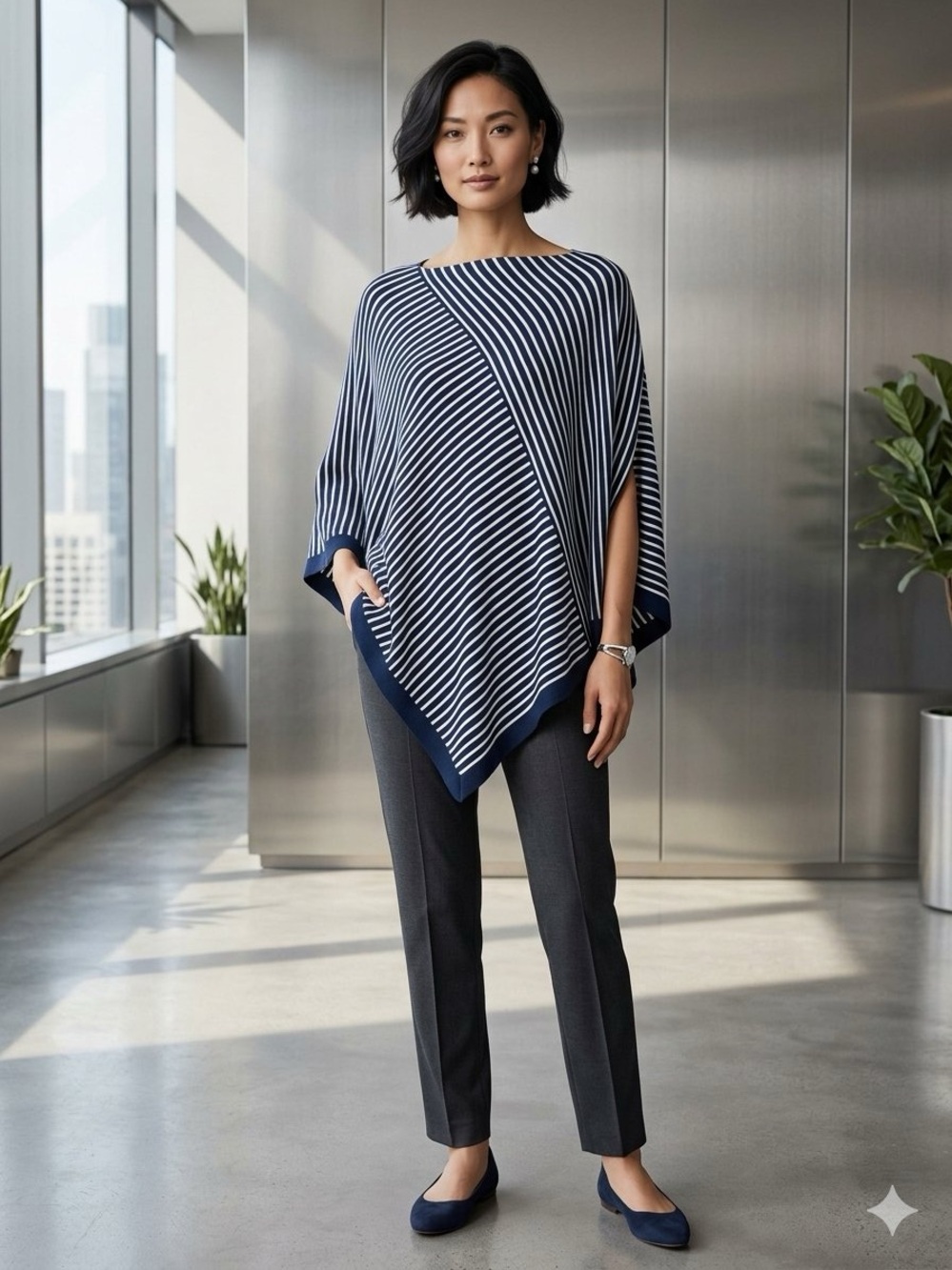 J.McLaughlin Betsy Striped Knit Poncho Cotton Cashmere Blend